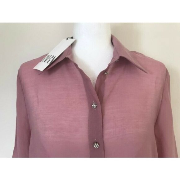 ZARA Blouse Top Size Medium Dusty Pink Diamante Buttons Semi Sheer - Picture 2 of 7